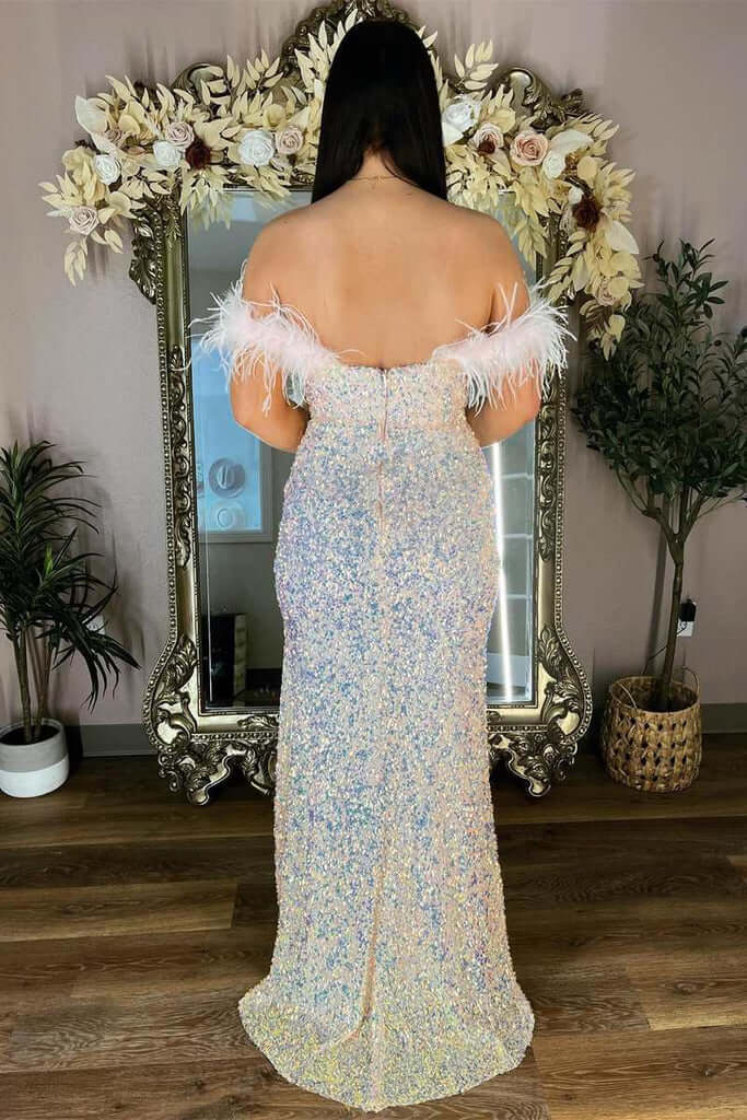 Off the Shoulder Plus Size Prom Dresses Iridescent Sequin Feathers with Slit MyChicDress