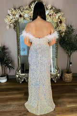 Off the Shoulder Plus Size Prom Dresses Iridescent Sequin Feathers with Slit MyChicDress