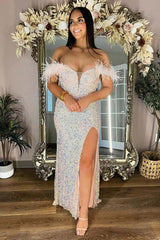 Off the Shoulder Plus Size Prom Dresses Iridescent Sequin Feathers with Slit MyChicDress