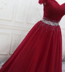 Off the Shoulder Tulle Beaded Long Red Prom Dresses Lace Up MyChicDress