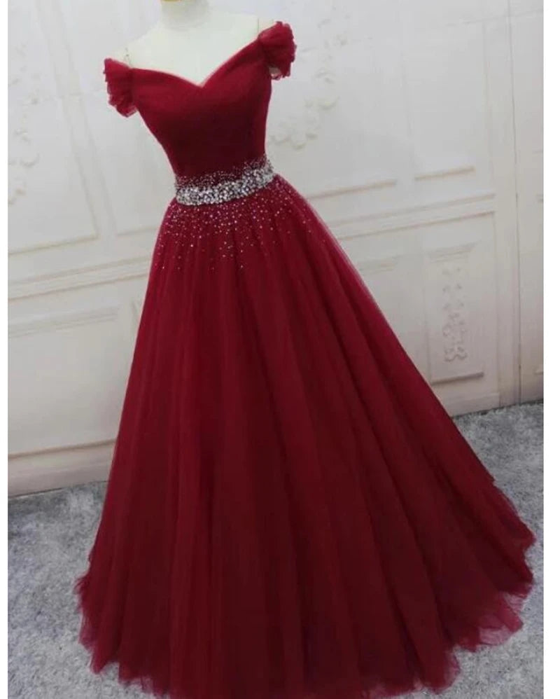 Off the Shoulder Tulle Beaded Long Red Prom Dresses Lace Up MyChicDress