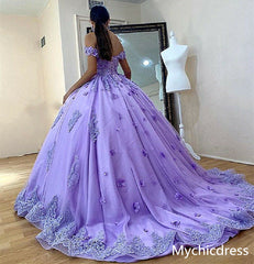 Ball Gown Lace Applique Lilac Off Shoulder Sweet 16 Dresses