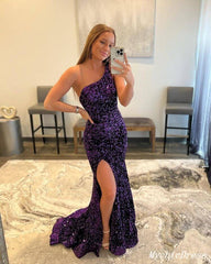 One Shoulder 2025 Sequin Purple Prom Dresses Tighted Mermaid Formal Dress Long MyChicDress