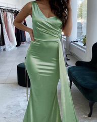 One Shoulder Mermaid Sage Green Prom Dresses UK Wedding Guest Dresses MyChicDress