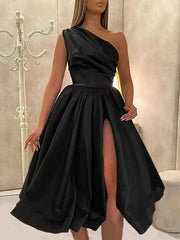 2025 One Shoulder Black Satin Wedding Guest Dresses Tea Length Prom Dresses