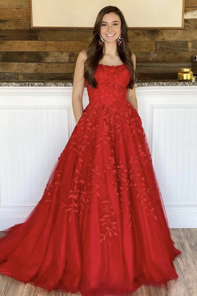 Red Lace Prom Dresses A Line Floor Length Evening Gown