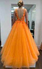 Orange Lace Prom Dresses Floral V Neck Formal Evening Dress