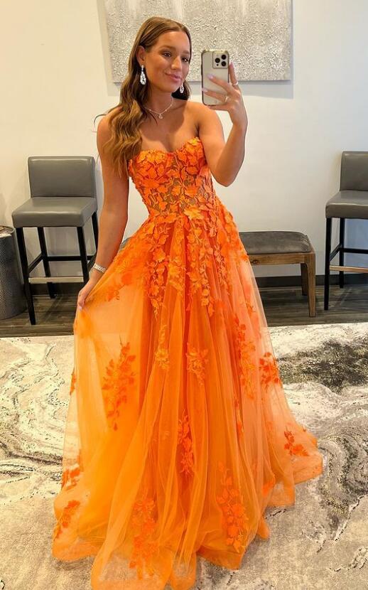 Orange Lace Prom Dresses Sexy Sweetheart Long Applique Formal Dresses