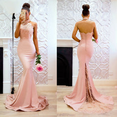 Pink High Neck Lace Mermaid Halter Prom Dresses - MyChicDress