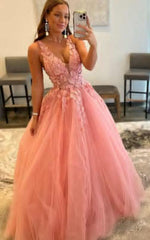 Pink Lace 2024 Prom Dresses Long Sexy Formal Dresses with Beaded MyChicDress