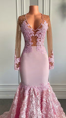 Pink Long Sleeves Lace Prom Dresses Mermaid Tulle Evening Formal Gown MyChicDress