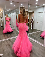 Pink Mermaid V Neck Prom Dresses Coral Tulle Long Evening Dress with Appliques MyChicDress