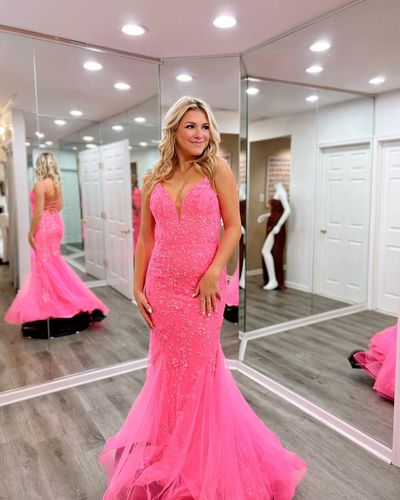 Pink Mermaid V Neck Prom Dresses Coral Tulle Long Evening Dress with Appliques MyChicDress