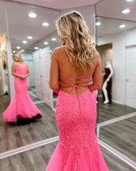 Pink Mermaid V Neck Prom Dresses Coral Tulle Long Evening Dress with Appliques MyChicDress