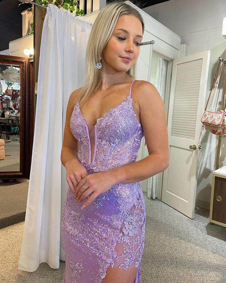 Pretty Mermaid Lavender Sequins V Neck Prom Dresses Lace With Applique MyChicDress