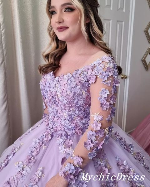 Princess Flowers Lilac Ball Gown Quinceanera Dresses Long Sleeves Lace Up Back MyChicDress