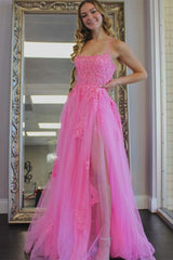 Princess Hot Pink Prom Dresses Lace Tulle Formal Dress Appliqued with Slit MyChicDress