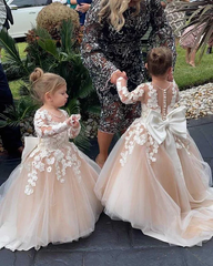 Princess Lace Long Sleeves Champagne Flower Girl Dresses Cheap MyChicDress