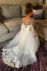 Princess Lace White Flower Girl Dresses Long Sleeves with Bowknot MyChicDress