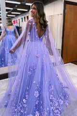 Princess Lavender Prom Dress 3D Flowers Tulle Formal Dress with Cape MyChicDress