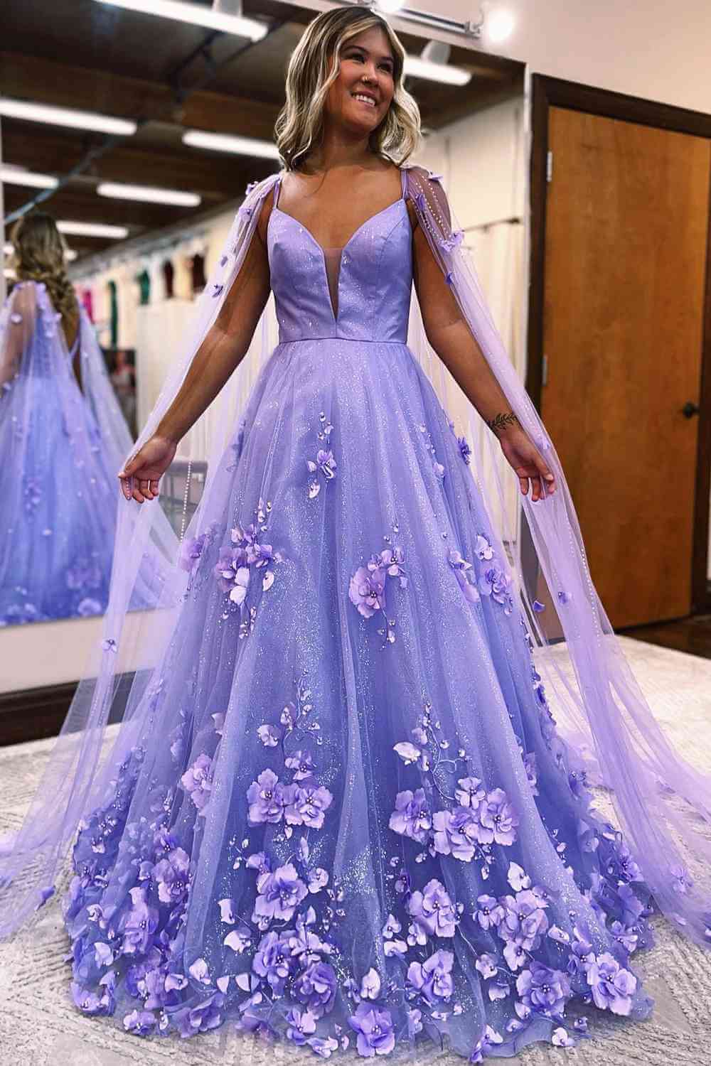 Princess Lavender Prom Dress 3D Flowers Tulle Formal Dress with Cape MyChicDress