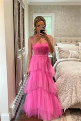 Princess Long Hot Pink Prom Dresses Ruffle 2024 Tiered Formal Dress Spaghetti Straps MyChicDress