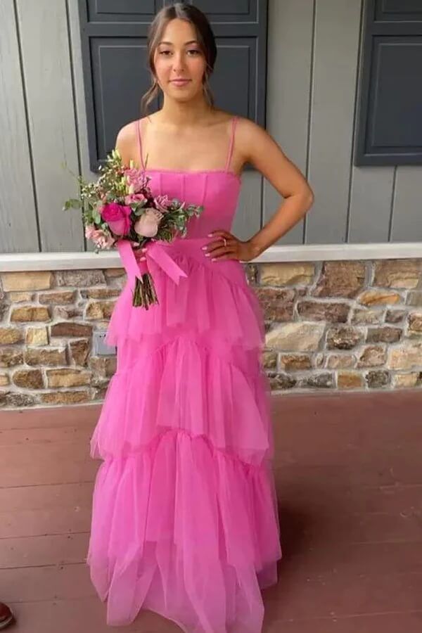 Princess Long Hot Pink Prom Dresses Ruffle 2024 Tiered Formal Dress Spaghetti Straps MyChicDress