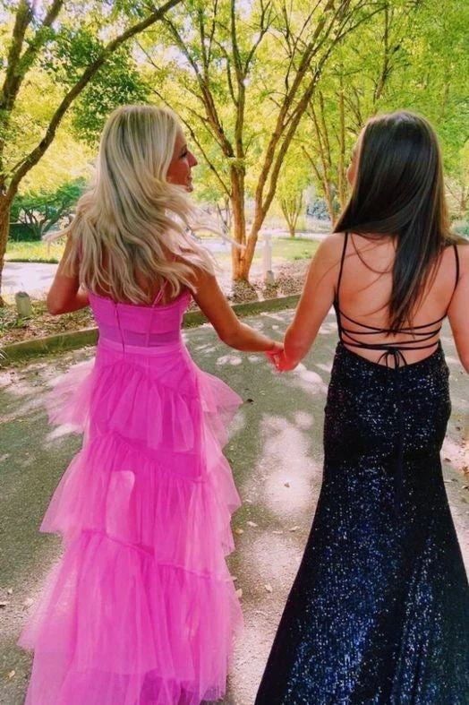 Princess Long Hot Pink Prom Dresses Ruffle 2024 Tiered Formal Dress Spaghetti Straps MyChicDress