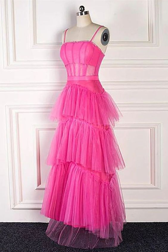 Princess Long Hot Pink Prom Dresses Ruffle 2024 Tiered Formal Dress Spaghetti Straps MyChicDress