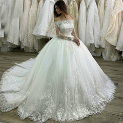 Princess Long Sleeves Off the Shoulder Lace Ball Gown Wedding Dresses MyChicDress