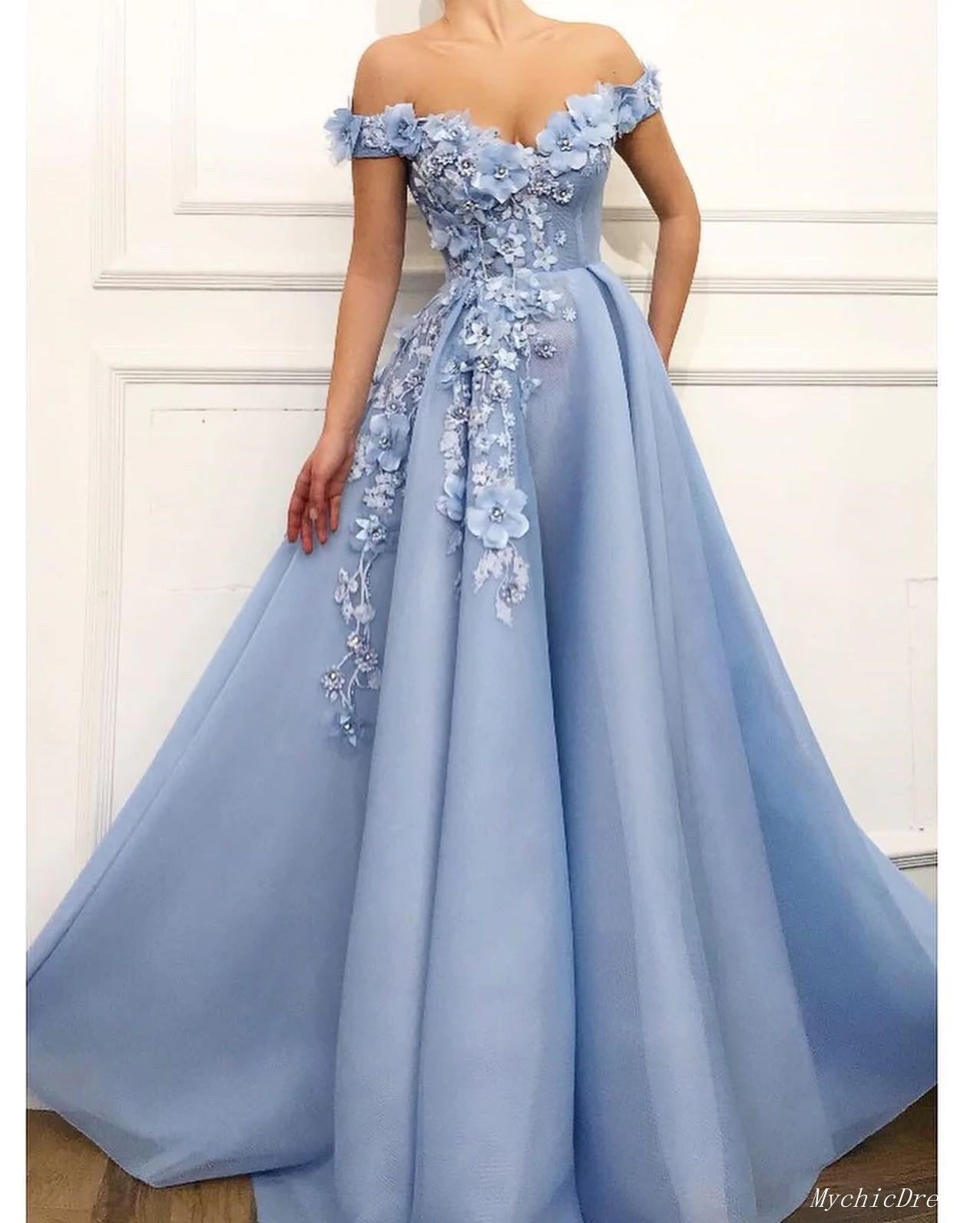 Princess Off-The-Shoulder Flower Prom Dresses A-line Appliques Long Evening Gown MyChicDress