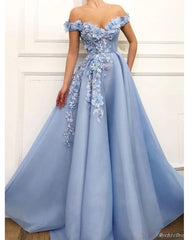 Princess Off-The-Shoulder Flower Prom Dresses A-line Appliques Long Evening Gown MyChicDress