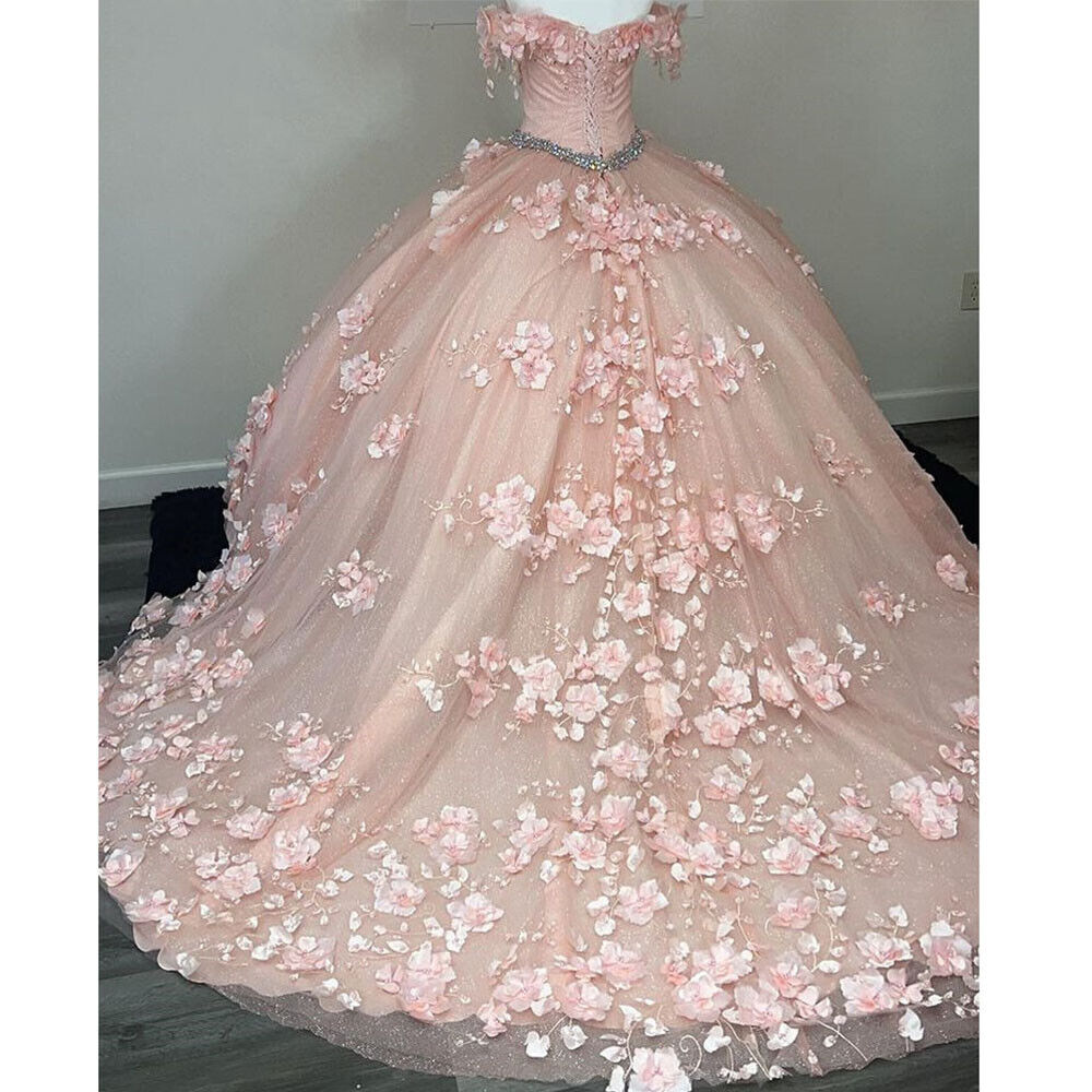 Princess Off the Shoulder Beaded 3D Flowers Pink Quinceanera Dresses Ball Gown MyChicDress