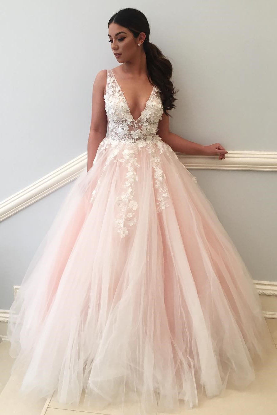 Princess Pink Long Prom Dresses V Neck Tulle Evening Dress with Lace Appliques MyChicDress