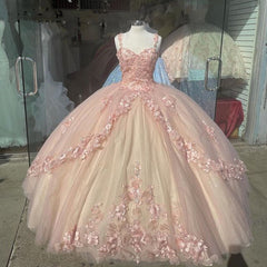 Princess 3D Flowers pink Quince Dresses 2025 Lace Ball Gown Sweet 16 Dresses