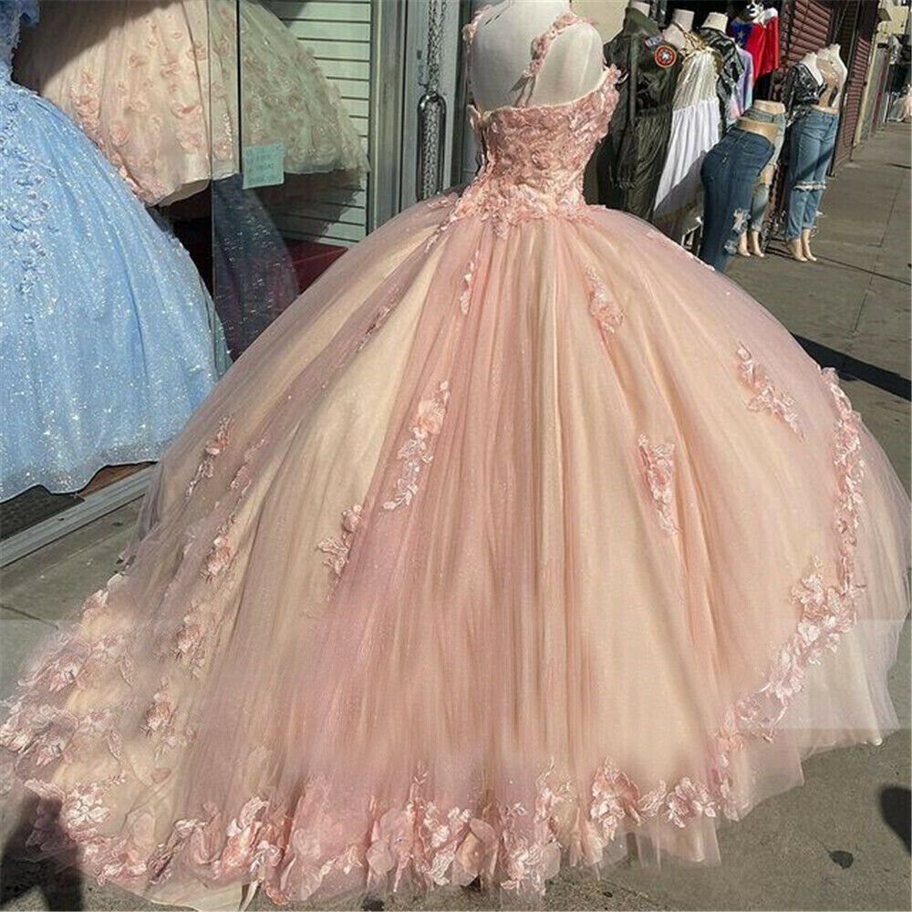 Princess 3D Flowers pink Quince Dresses 2025 Lace Ball Gown Sweet 16 Dresses