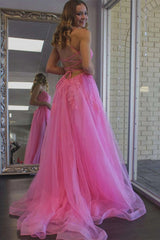 Princess Hot Pink Prom Dresses Lace Tulle Formal Dress Appliqued with Slit