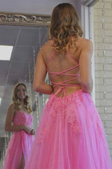 Princess Hot Pink Prom Dresses Lace Tulle Formal Dress Appliqued with Slit