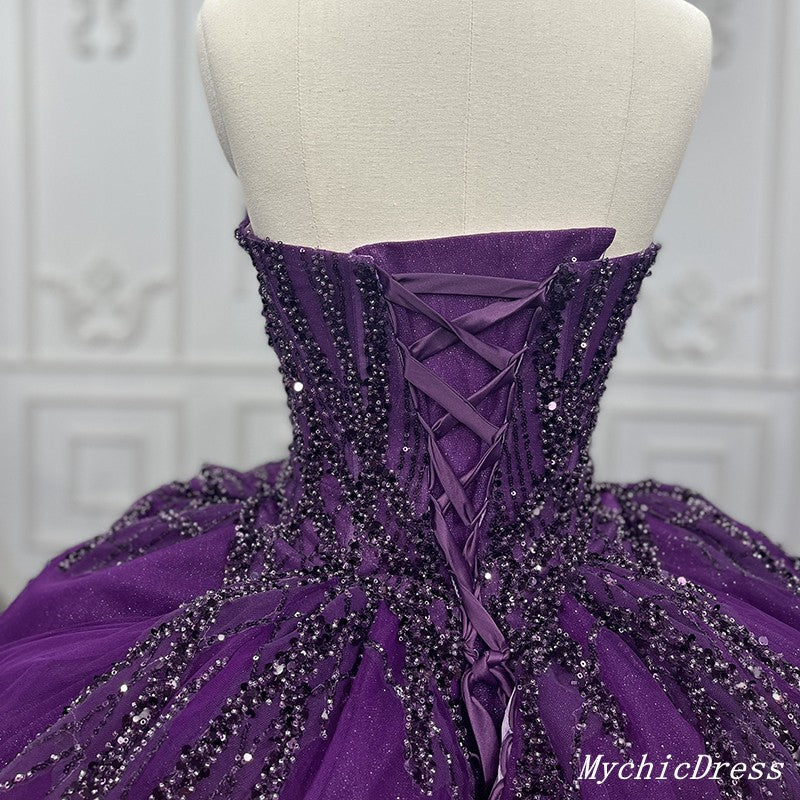 Purple Ball Gown Quince Dresses Tulle Sweetheart Sequin Wedding Dresses For Women MyChicDress