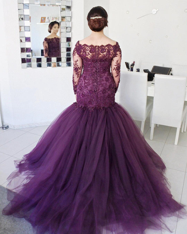 Purple Long Sleeves Plus Size Prom Dresses Lace Mermaid Formal Evening Gowns MyChicDress