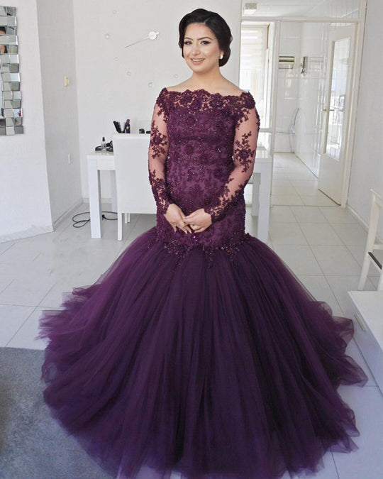 Purple Long Sleeves Plus Size Prom Dresses Lace Mermaid Formal Evening Gowns MyChicDress