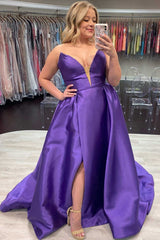 Purple Plus Size Prom Dresses Satin V Neck Sleeveless Formal Dress with Split MyChicDress