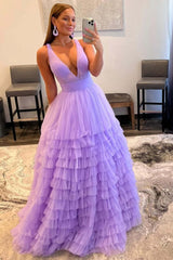 Purple Layered Prom Dresses 2024 Ruffle Plunging Deep V-Neck Tiered Evening Dress