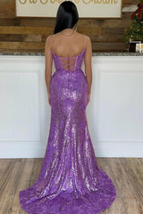 Violet Purple Sequins Prom Dresses Mermaid Lace Long Formal Dress Spaghetti Straps