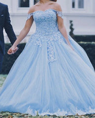 Off the Shoulder Light Blue Lace Ball Gown Quinceanera Dresses