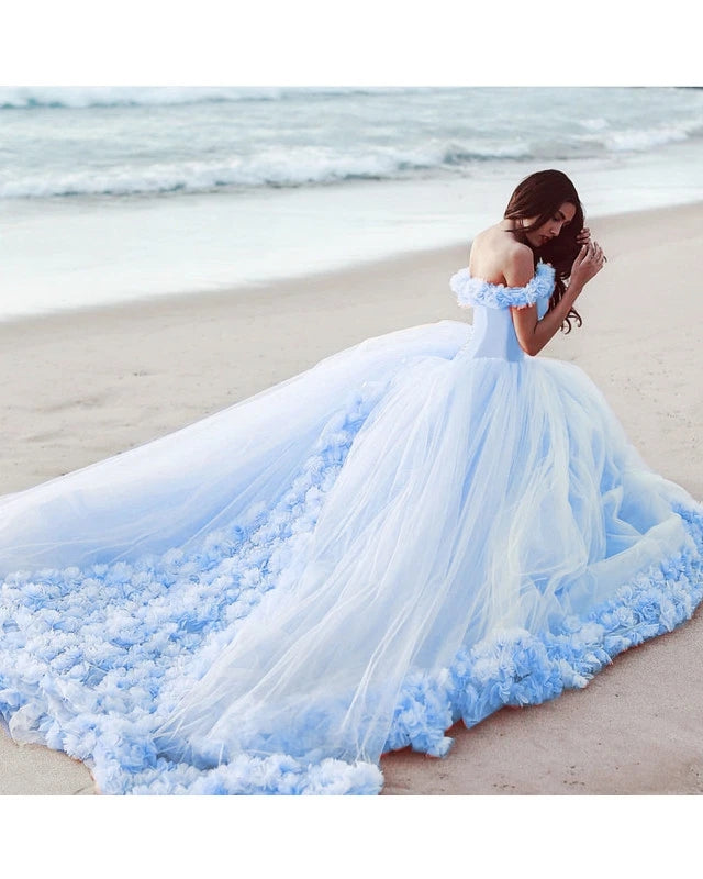 Off Shoulder Flowers Tulle Ball Gown blue  Quinceanera Dresses