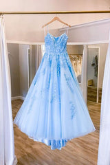 Real A Line Spaghetti Straps Sleeveless Blue Lace Prom Dresses MyChicDress