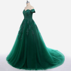 Real Off Shoulder Green Prom Dresses Beaded Appliques Emerald Quince Dress MyChicDress