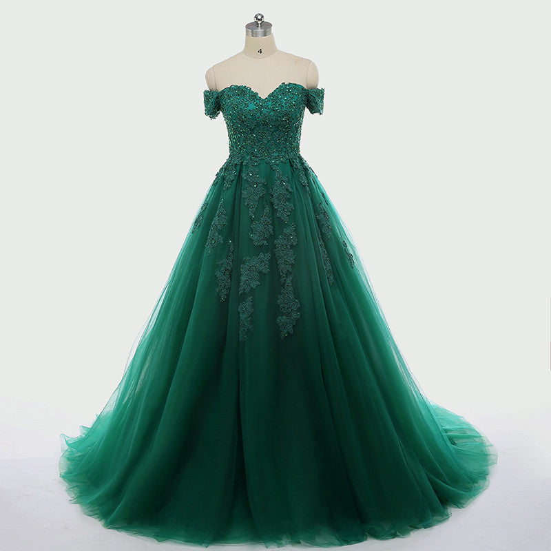 Real Off Shoulder Green Prom Dresses Beaded Appliques Emerald Quince Dress MyChicDress