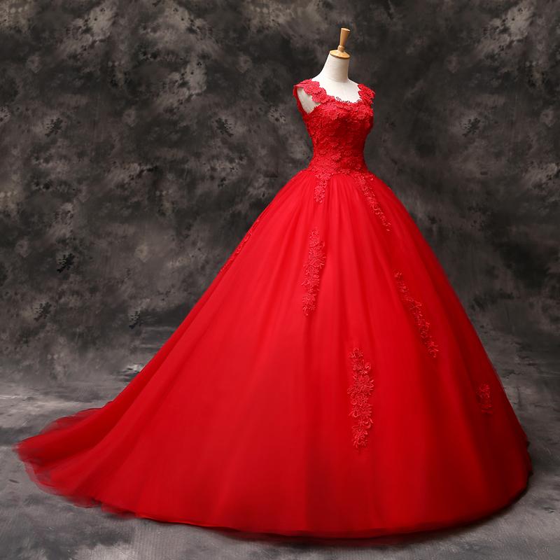 Red Ball Gown Wedding Dresses Lace Tulle Sweet 16 Dresses MyChicDress